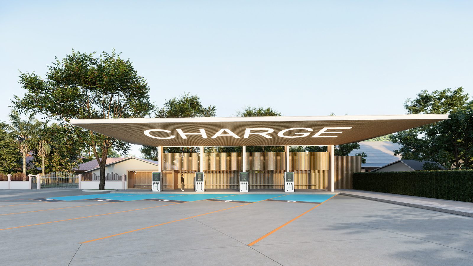 ภาพจำลองโครงการสถานีชาร์จ BCSM 1989 มุมด้านหน้า / Architectural visualisation of the planned BCSM EV station